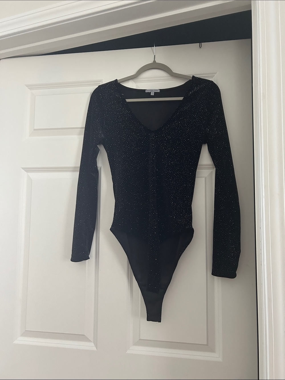 Charlotte Russe Black Sparkle Long Sleeve Bodysuit